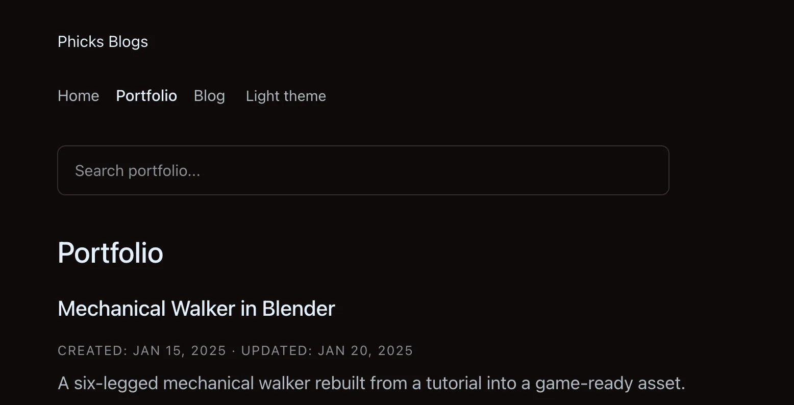 Old frontend portfolio page with search